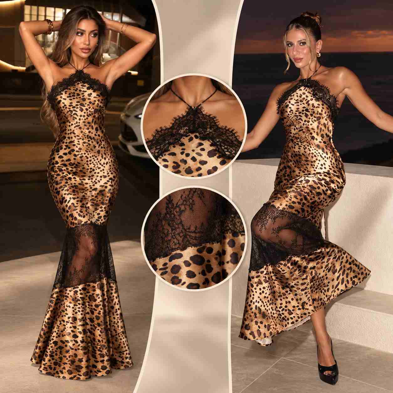 Women's Leopard Print Halter Backless Maxi Dress – Elegant Lace Spliced Party & Cocktail Dress
